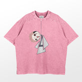 The Retro Jujutsu Kaisen Parody T-Shirt, by Jujutsu Kaisen, is a pink short-sleeve oversized tee featuring a funny Sukuna hanging doll design with geometric shapes and muted colors like black, gray, beige, and a touch of red. It has a round neckline.