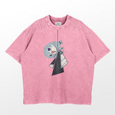 This oversized pink short-sleeve tee from Jujutsu Kaisen features a funny Mahito parody design with abstract black, white, and gray geometric textures artfully centered for a true anime style.