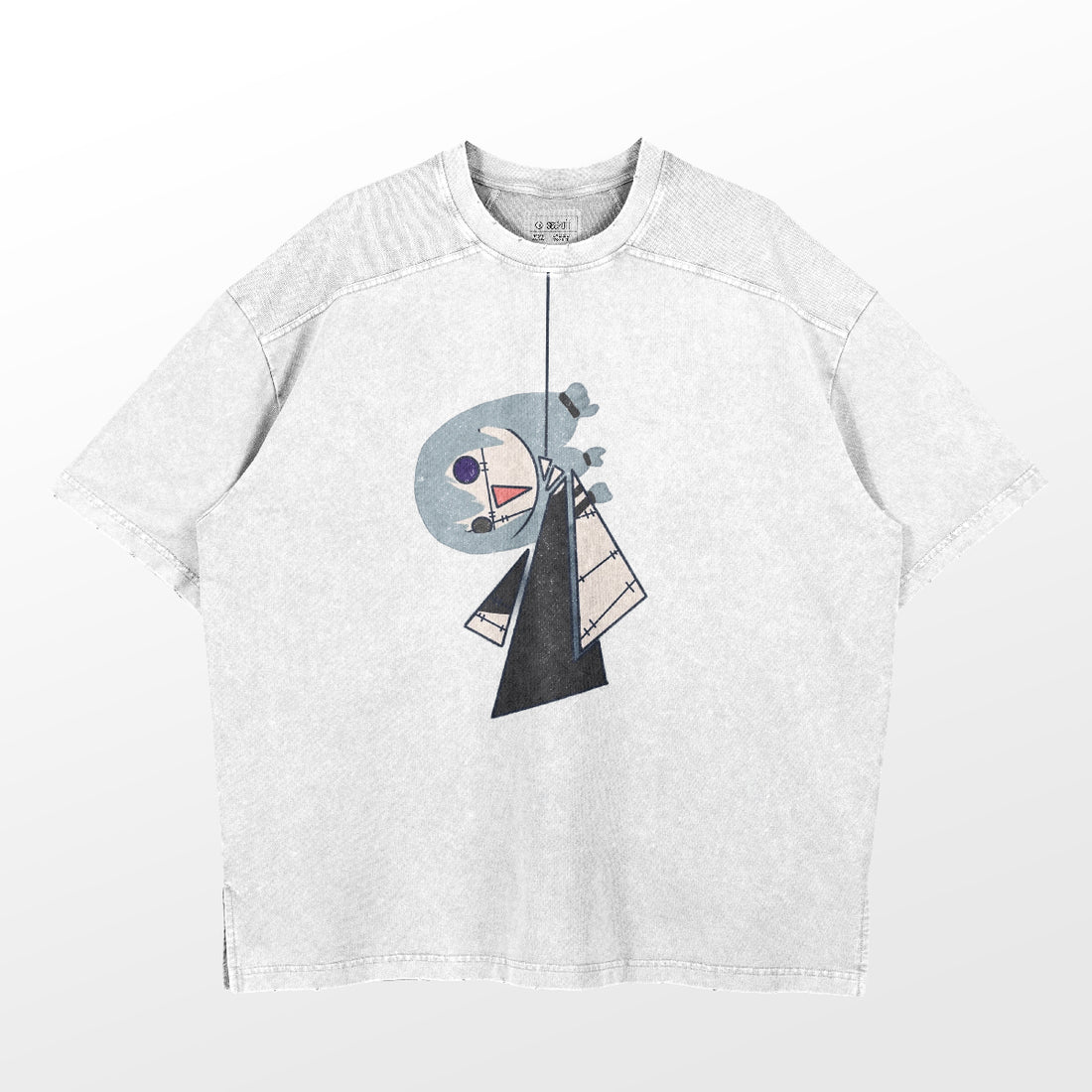 The Retro Jujutsu Kaisen Parody T-Shirt—Funny Mahito Hanging Doll Oversized Tee by Jujutsu Kaisen is ideal for fans. It features an abstract design with circles, triangles, and rectangles in black, gray, and purple on a light gray gradient background.