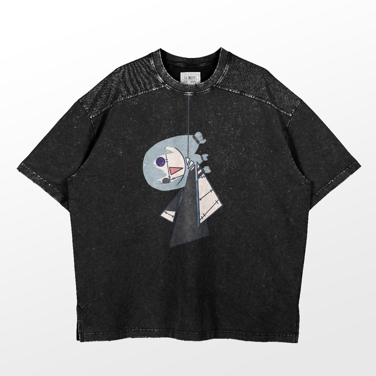 The Retro Jujutsu Kaisen Parody T-Shirt by Jujutsu Kaisen is a black short-sleeve tee with a central geometric design featuring circular shapes in gray, white, and purple. It has speckled fabric, contrast stitching at the shoulders, and depicts a funny Mahito hanging doll.