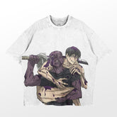 The Retro Jujutsu Kaisen Parody T-Shirt by Jujutsu Kaisen features an oversized tee with a funny anime graphic. It displays two characters: Choso, a tall muscular figure wielding a sword, and Geto, a smaller character with black hair and splattered markings, embodying anime streetwear vibes.