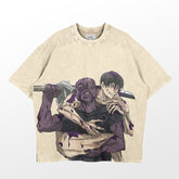 The Retro Jujutsu Kaisen Parody T-Shirt features Choso & Geto in a quirky anime design. Choso, purple-skinned with a sword on his shoulder, and Geto, dark-haired and smiling while holding the sword handle, make it ideal for anime streetwear fans! Brand: Jujutsu Kaisen.