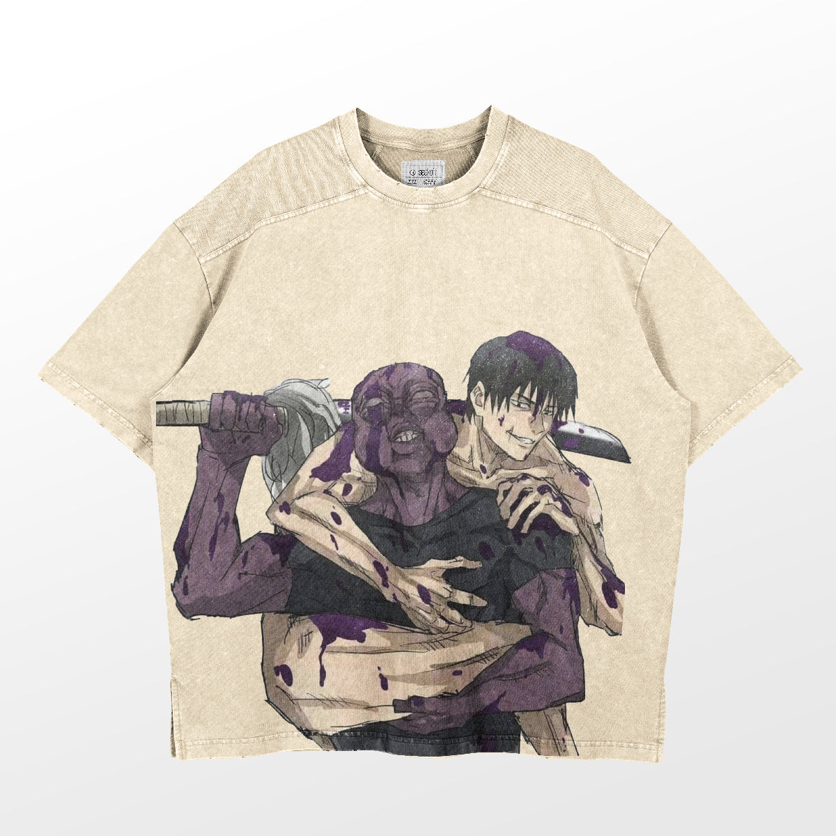 The Retro Jujutsu Kaisen Parody T-Shirt features Choso &amp; Geto in a quirky anime design. Choso, purple-skinned with a sword on his shoulder, and Geto, dark-haired and smiling while holding the sword handle, make it ideal for anime streetwear fans! Brand: Jujutsu Kaisen.