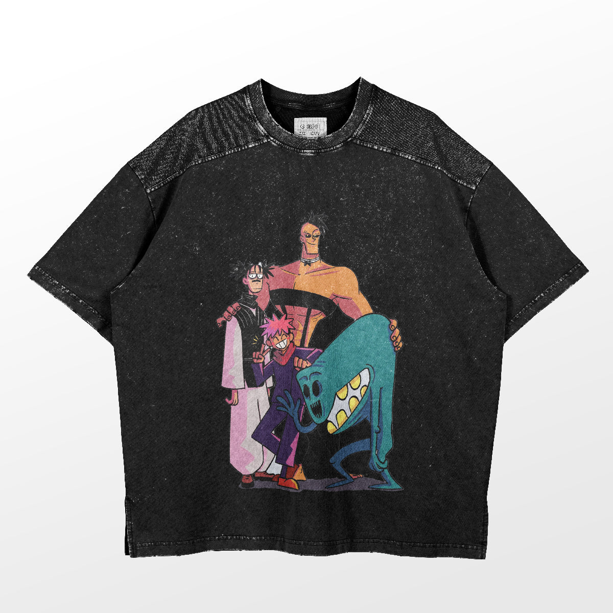 This black oversized tee from Jujutsu Kaisen showcases Gojo, Itadori, and friends in a retro parody design with two tall standing characters and two crouched in front, one covered in blue. It&