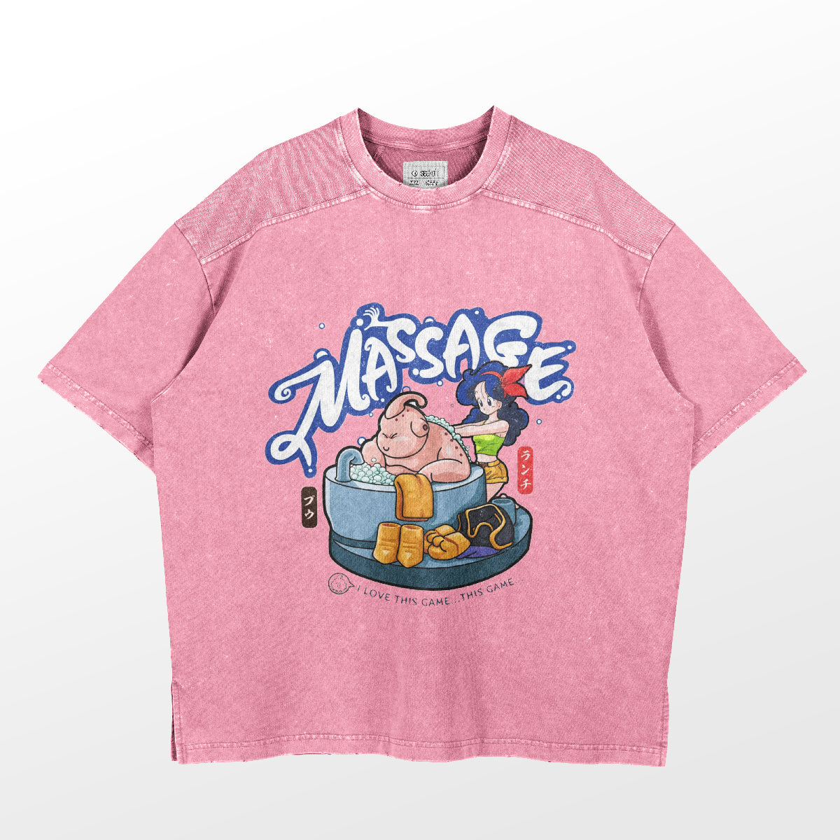 The Seakoff Retro Dragon Ball Parody T-Shirt is a pink oversized tee featuring Majin Buu relaxing in a massage chair with &quot;Massage&quot; printed above, capturing a nostalgic, casual vibe.