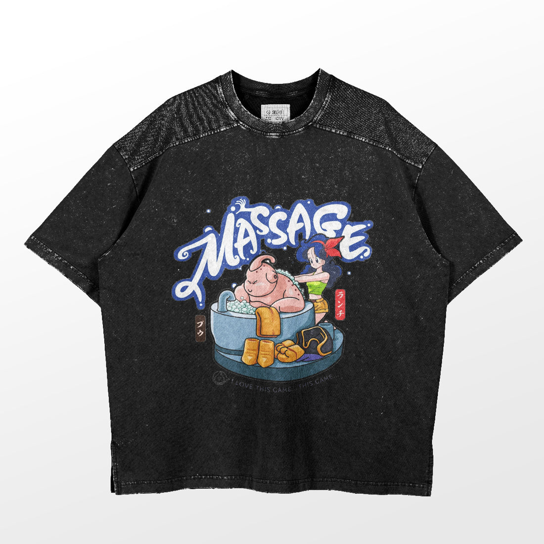 The Seakoff Retro Dragon Ball Parody T-Shirt showcases a cartoon of Majin Buu enjoying a spa massage in a wooden tub, with "MASSAGE" in bold blue above. This oversized tee features spa-themed details like a towel and shoes, ideal for any Dragon Ball enthusiast.