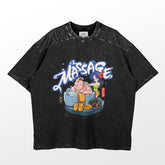 The Seakoff Retro Dragon Ball Parody T-Shirt showcases a cartoon of Majin Buu enjoying a spa massage in a wooden tub, with "MASSAGE" in bold blue above. This oversized tee features spa-themed details like a towel and shoes, ideal for any Dragon Ball enthusiast.