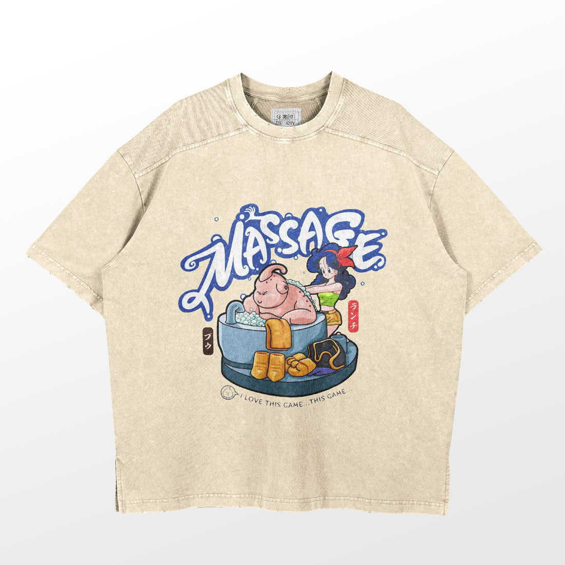 The Seakoff Retro Dragon Ball Parody T-Shirt features a cartoon design of a duck massaging a man in a hot tub, with &quot;MASSAGE&quot; and &quot;I LOVE THIS GAME - THIS GAME&quot; text. It captures Dragon Ball&