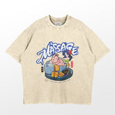 The Seakoff Retro Dragon Ball Parody T-Shirt features a cartoon design of a duck massaging a man in a hot tub, with "MASSAGE" and "I LOVE THIS GAME - THIS GAME" text. It captures Dragon Ball&