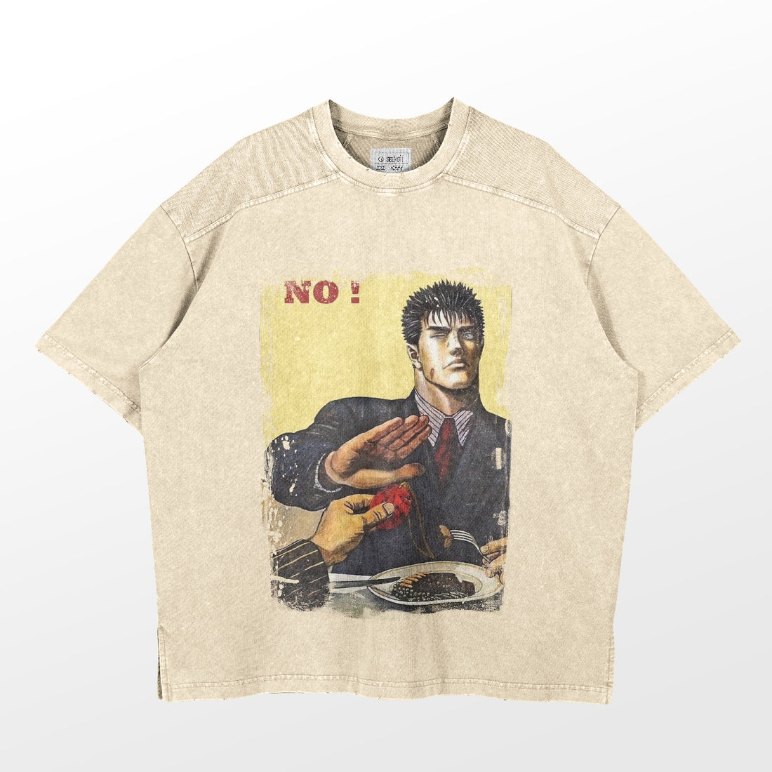 The Retro Berserk Parody T-Shirt by Berserk features a washed beige design with an oversized anime-inspired graphic of a suited person making a bold stop gesture. A hand in the foreground offers a red object with &quot;NO!&quot; above, perfect for fans of unique statement pieces.