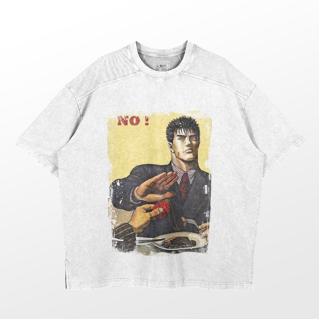 This gray, vintage washed T-shirt by Berserk features a retro, Guts-inspired illustration with a bold red &quot;No!&quot; Perfect for fans of subtle anime fashion nods.