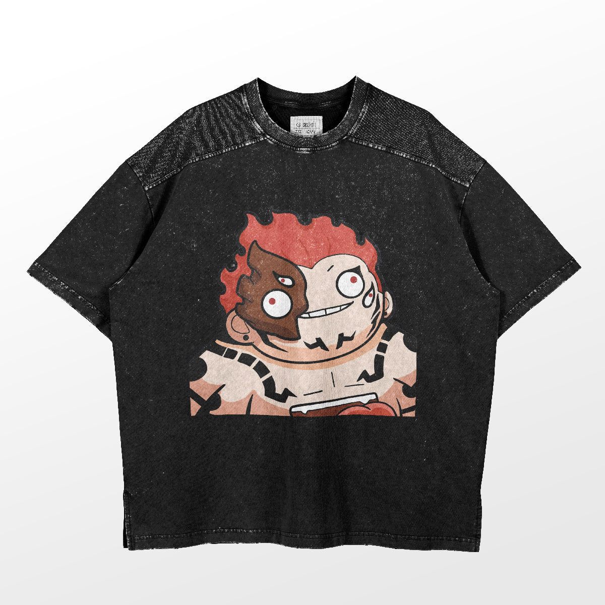 The Retro Sukuna Parody T-Shirt by Jujutsu Kaisen is a vintage, oversized tee featuring a quirky cartoon character with red spiky hair, dual-colored face, asymmetrical eyes, and a mischievous grin. Perfect for anime streetwear fans.