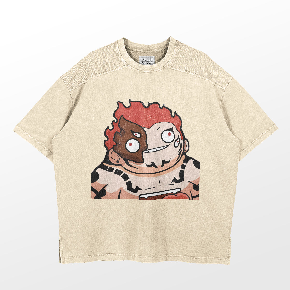 Retro Sukuna Parody T-Shirt by Jujutsu Kaisen features a cartoon character with red hair, a partially burnt face, and arm/chest tattoos on beige, perfect for anime streetwear.