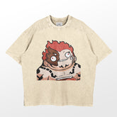 Retro Sukuna Parody T-Shirt by Jujutsu Kaisen features a cartoon character with red hair, a partially burnt face, and arm/chest tattoos on beige, perfect for anime streetwear.