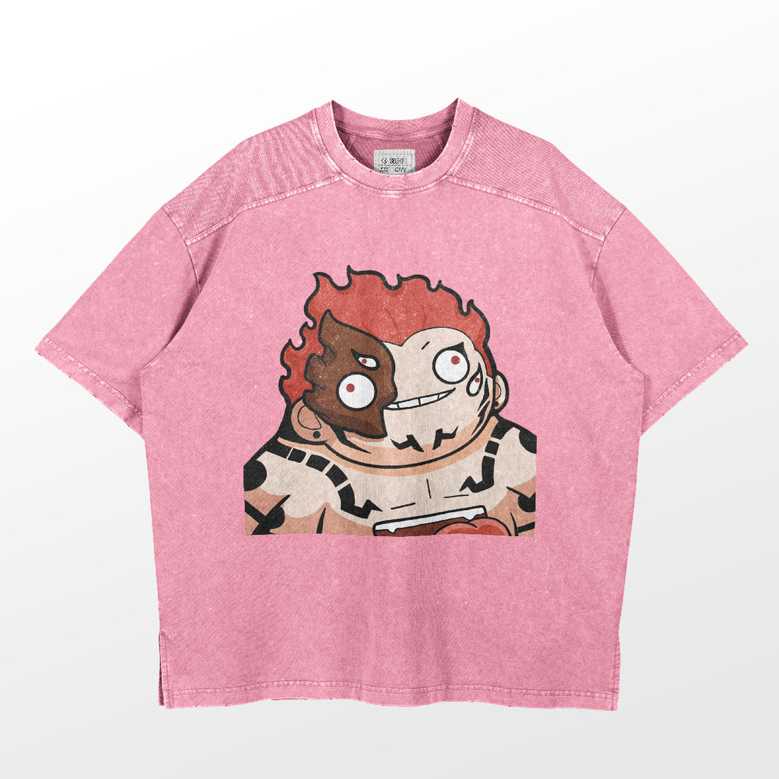 A Retro Sukuna Parody T-Shirt by Jujutsu Kaisen, featuring a pink design with a cartoon character having flame hair, mismatched eyes, and a wide smile. This oversized tee showcases various patterns and a washed-out finish, echoing the bold streetwear style of Jujutsu Kaisen&