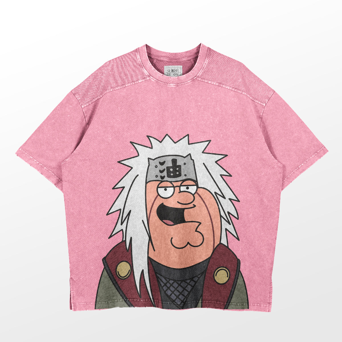 The Retro Jiraiya Parody T-Shirt by Naruto is a pink oversized tee featuring a cartoon character with spiky white hair, a headband, and glasses in green and burgundy attire, smiling widely. This funny anime-inspired design perfectly suits the anime streetwear style against a plain background.