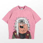 The Retro Jiraiya Parody T-Shirt by Naruto is a pink oversized tee featuring a cartoon character with spiky white hair, a headband, and glasses in green and burgundy attire, smiling widely. This funny anime-inspired design perfectly suits the anime streetwear style against a plain background.