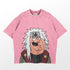 The Retro Jiraiya Parody T-Shirt by Naruto is a pink oversized tee featuring a cartoon character with spiky white hair, a headband, and glasses in green and burgundy attire, smiling widely. This funny anime-inspired design perfectly suits the anime streetwear style against a plain background.