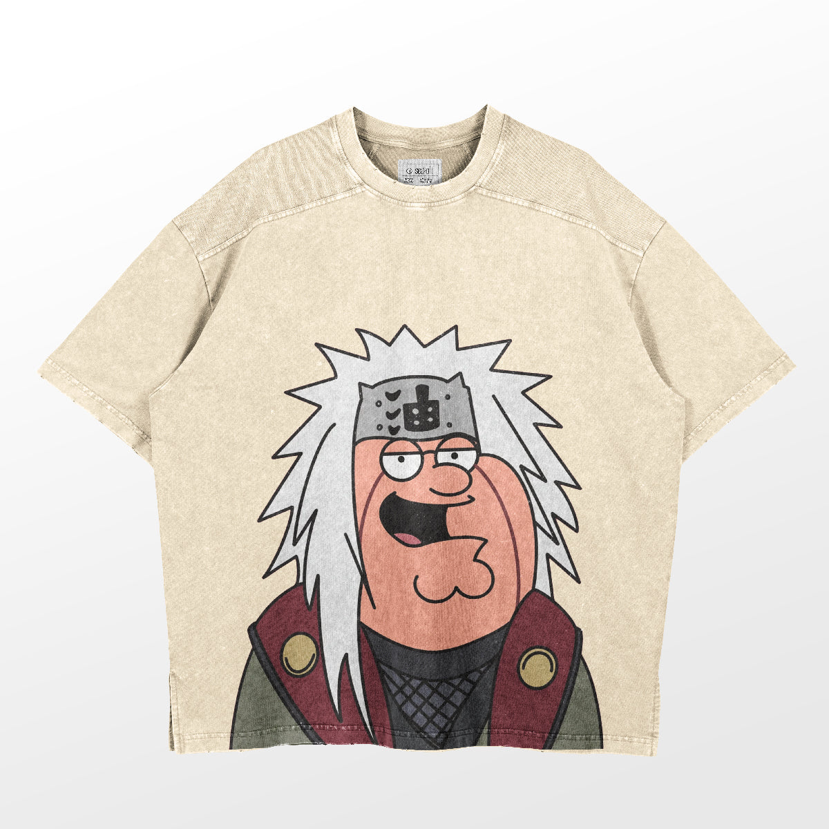 This Retro Jiraiya Parody T-Shirt by Naruto features a cartoon character with spiky white hair, round glasses, a metal headband, and an open mouth. The green and maroon outfit stands out against the beige tee, offering a funny anime streetwear design inspired by Naruto.