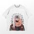 The Retro Jiraiya Parody T-Shirt from Naruto features a funny anime graphic with a character having spiky white hair, a headband, glasses, and a surprised look. This oversized tee stands out on its plain white background, ideal for anime streetwear enthusiasts.