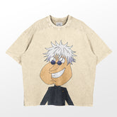 The Retro Jujutsu Kaisen Parody T-Shirt by Jujutsu Kaisen features a cartoon Gojo Satoru with spiky white hair, sunglasses, and a wide smile. Wearing a dark outfit against a plain backdrop, it&