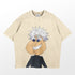 The Retro Jujutsu Kaisen Parody T-Shirt by Jujutsu Kaisen features a cartoon Gojo Satoru with spiky white hair, sunglasses, and a wide smile. Wearing a dark outfit against a plain backdrop, it&