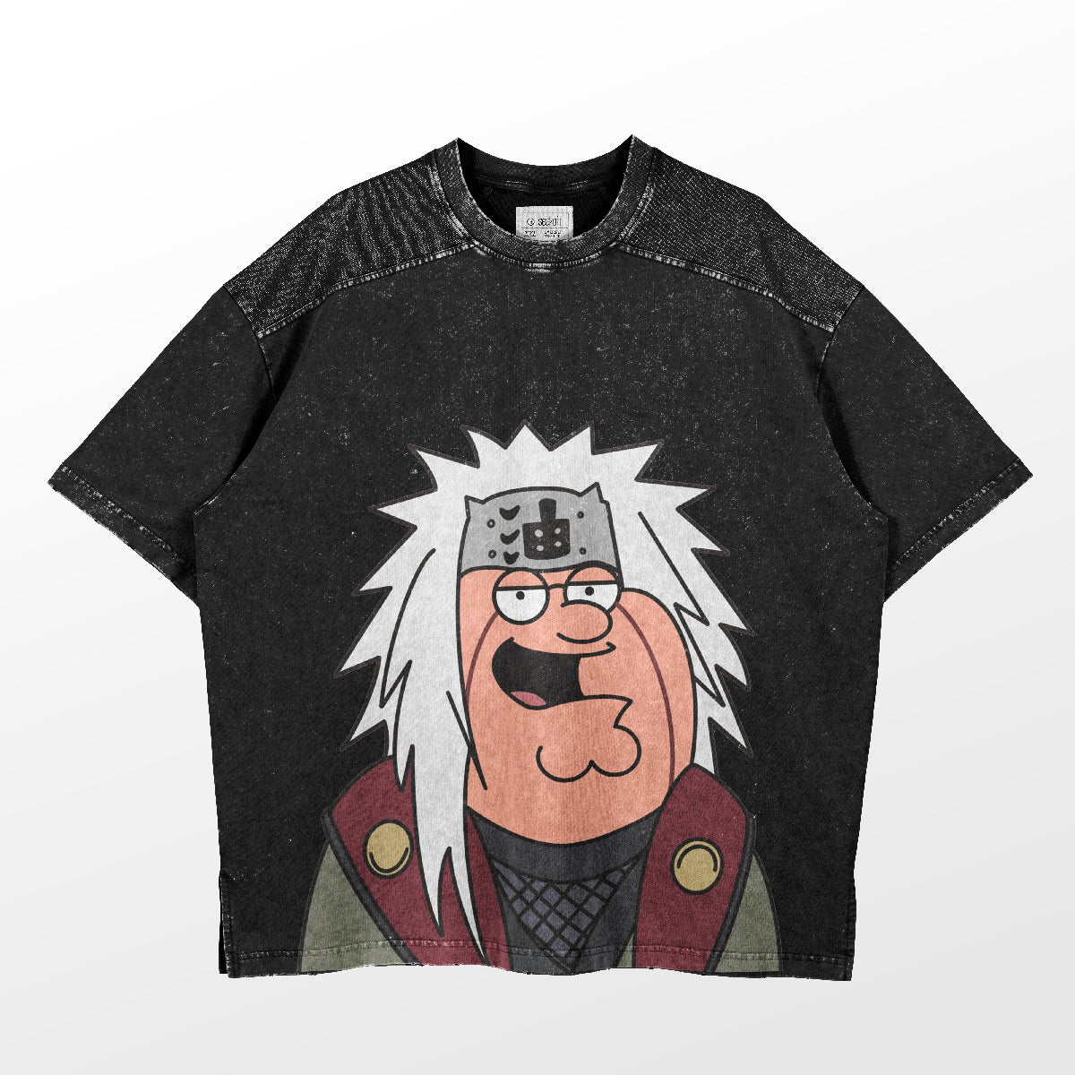 The Retro Jiraiya Parody T-Shirt by Naruto is an oversized black anime streetwear tee featuring a funny white-haired character with glasses and a headband. Its textured shoulders and faded look offer a playful parody design inspired by the Naruto style.