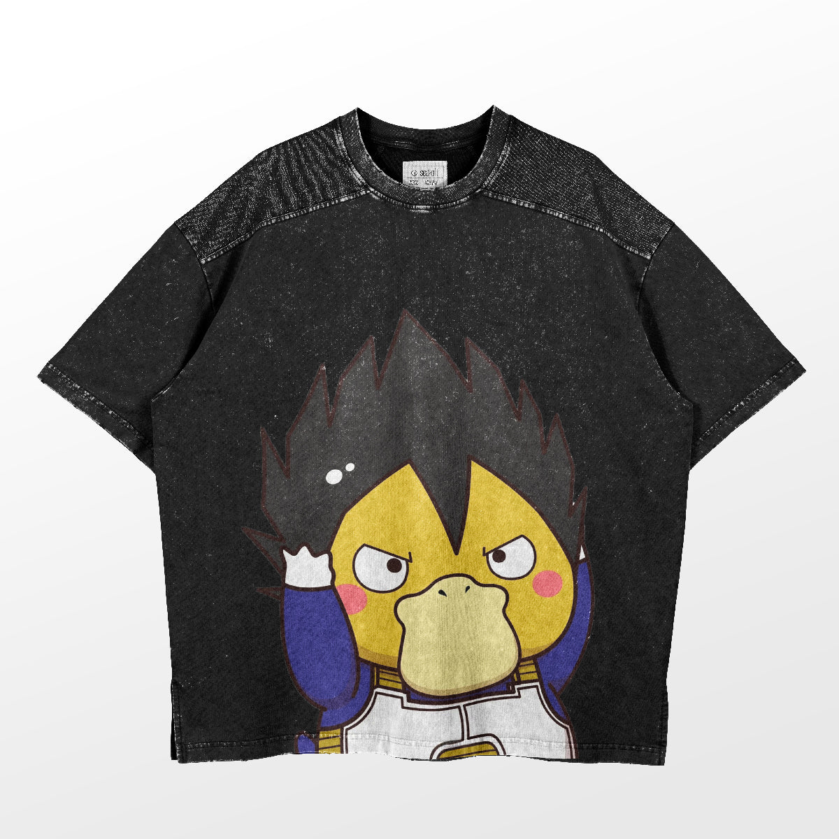 The Seakoff Retro Dragon Ball Vegeta Parody T-Shirt features a cartoon character with a yellow face, black spiky hair, wearing a blue and white outfit with pink cheeks and raised fists on speckled vintage washed fabric.