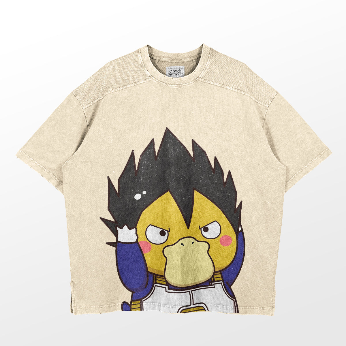 The Seakoff Retro Dragon Ball Vegeta Parody T-Shirt features a cartoon character with a yellow face and black spiky hair in a martial arts outfit. This vintage washed, oversized tee adds textured streetwear style.