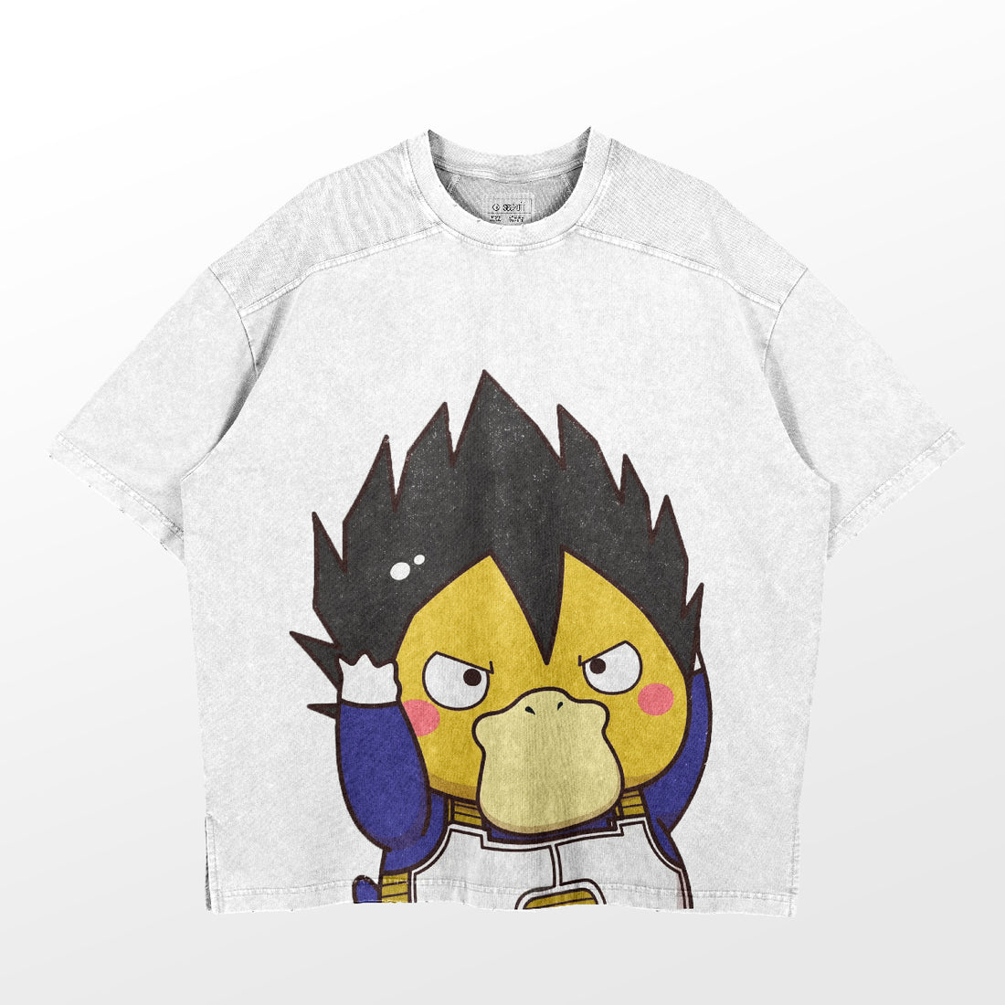 The Seakoff Retro Dragon Ball Vegeta Parody T-Shirt features a vintage anime graphic of Vegeta in blue and white gear. With a washed design perfect for streetwear, this oversized tee adds unique flair against its plain background.