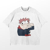 The Vintage Parody Jujutsu Kaisen Itadori Yuji T-Shirt by Jujutsu Kaisen features a funny anime character with exaggerated eyes and spiky hair. Wearing a dark jacket with a red collar, the character&