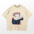 This Vintage Parody Jujutsu Kaisen Itadori Yuji T-Shirt by Jujutsu Kaisen features a funny design with a character in spiky red hair, large eyes, blue jacket, and red scarf. Made from premium cotton, the oversized beige tee displays the character against a plain light gray background.