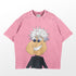 A pink Retro Jujutsu Kaisen Parody T-Shirt featuring a cartoon Gojo Satoru with white spiky hair, sunglasses, and a black jacket, boasting an anime streetwear vibe and a broad smile.