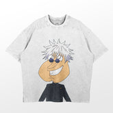 The Retro Jujutsu Kaisen Parody T-Shirt from Jujutsu Kaisen blends anime streetwear with a funny cartoon of Gojo Satoru in white spiky hair, a big smile, and round sunglasses on a dark shirt over a plain light gray background.