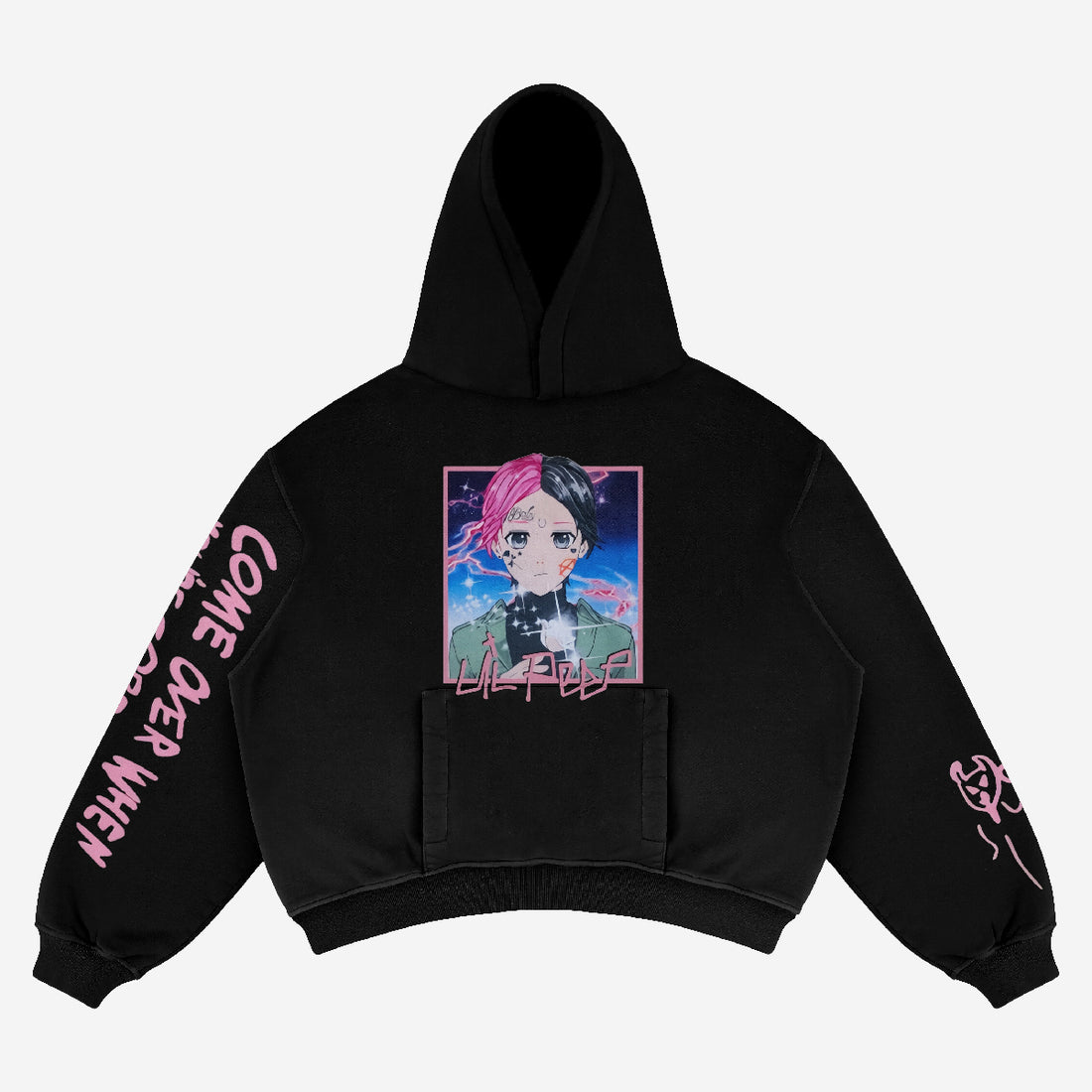 The Seakoff Lil Peep Anime Hoodie perfectly captures streetwear style with a unique graphic of an anime character sporting split pink and black hair. &quot;COME SEE WHEN YOU&