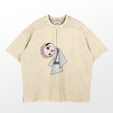 The Retro Jujutsu Kaisen Parody T-Shirt features an oversized beige tee with short sleeves, sporting a geometric cartoon character with a round face, red hair, and triangle body. The Sukuna graphic offers a washed look, ideal for any Jujutsu Kaisen enthusiast. .