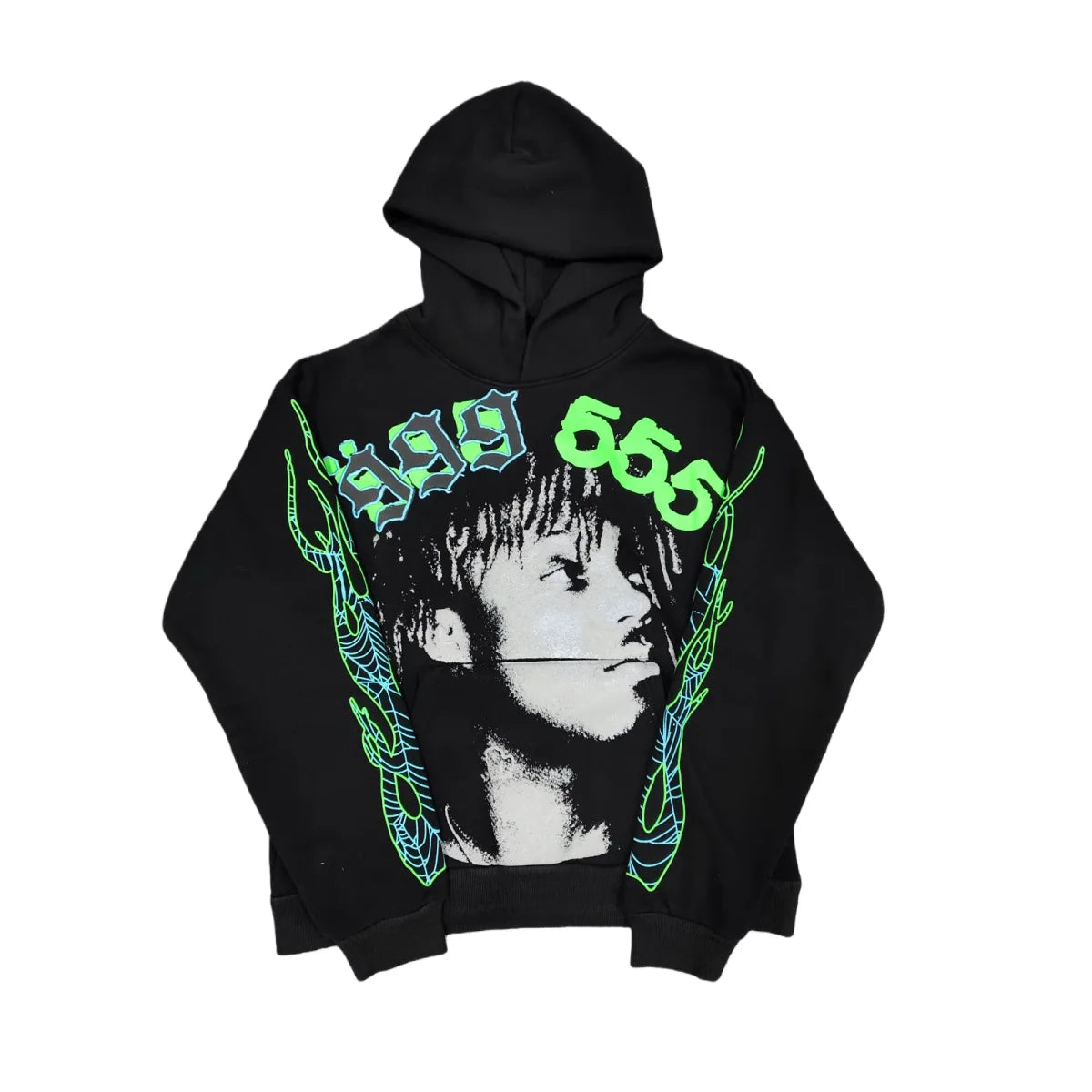 The Sp5der “999 555 Legacy” Hoodie is a black heavyweight 440GSM streetwear pullover featuring bold “999” and “555” details, blue-green side elements, and a standout face graphic—an essential piece for modern style.