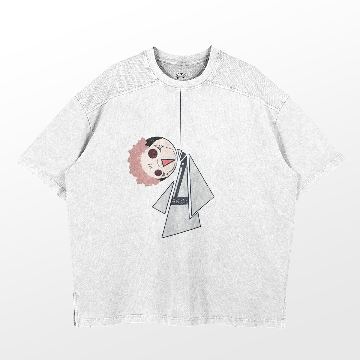 The Retro Jujutsu Kaisen Parody T-Shirt features a humorous Sukuna hanging doll design with a round head and reddish hair on a plain gray tee, blending geometric shapes to reflect the show&