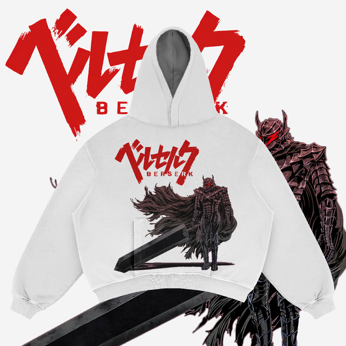 This Official Berserk Armor Hoodie by Berserk showcases a black-and-white illustration of a dark, armored warrior with a massive sword and &quot;Berserk&quot; in bold red letters above. Made from premium 360 GSM cotton, it&