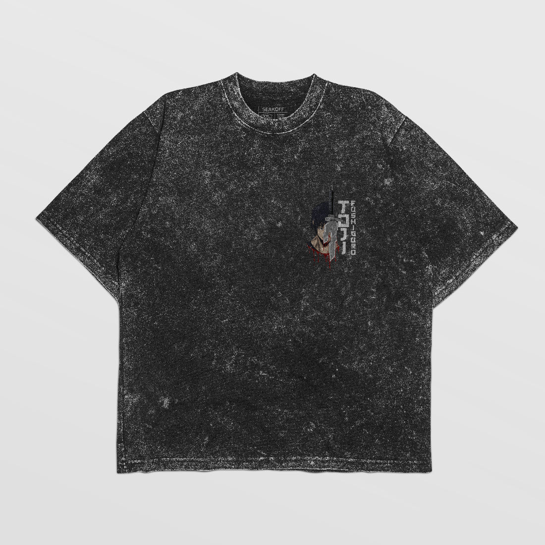 The Jujutsu Kaisen Toji Fushiguro &quot;Behind&quot; Vintage Oversized T-Shirt showcases anime streetwear in distressed black with a round neckline. It features a small graphic and text on the left chest, offering a casual appearance with a worn texture effect.