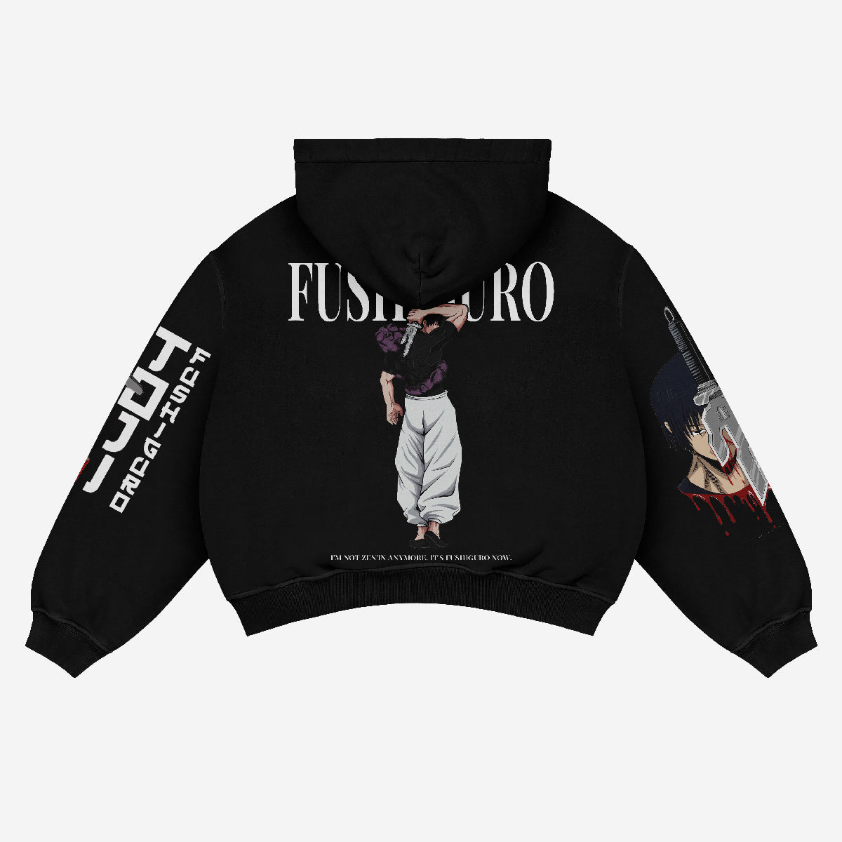 This black oversized hoodie from Jujutsu Kaisen features a Toji Fushiguro-inspired design with high-definition graphics, including a character in white pants and black shirt on the back, "FUSHIGURO" text, sleeve graphics of a sword, and another character's face.