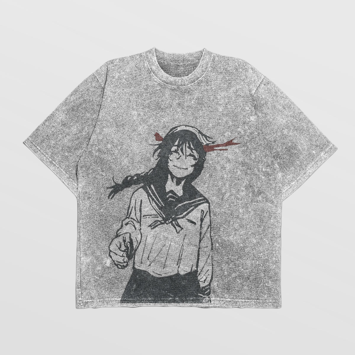 The Jujutsu Kaisen Vintage Oversized T-Shirt in black features Riko Amanai and Toji Fushiguro from the anime, capturing classic streetwear style perfect for fans, set against a distressed background.