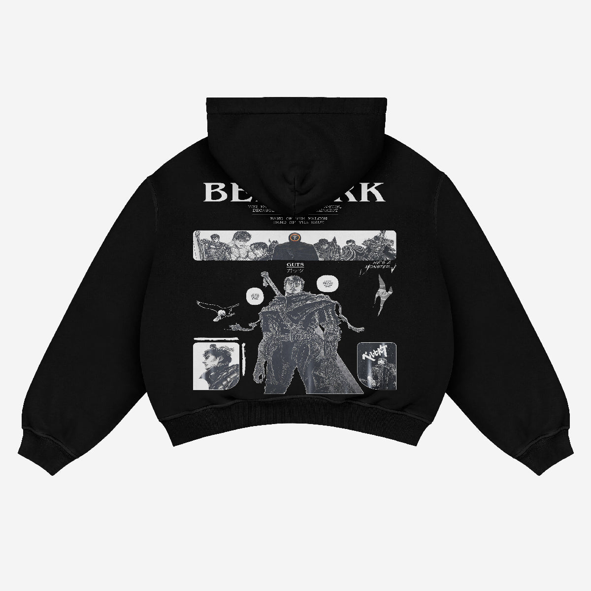 The back of the Official Berserk Manga Panel Hoodie, crafted from premium 360 GSM cotton, features a black collage design with monochromatic illustrations and text. &quot;BERSERK&quot; appears in bold white letters at the top alongside the iconic Brand of Sacrifice.