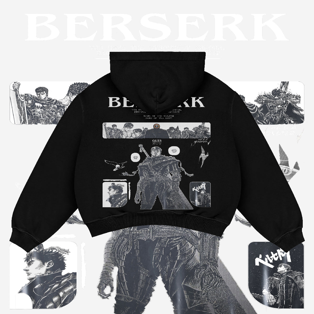 Official Berserk Manga Panel Hoodie - Guts Black Hoodie with Brand of Sacrifice Design - Premium 360 GSM Cotton