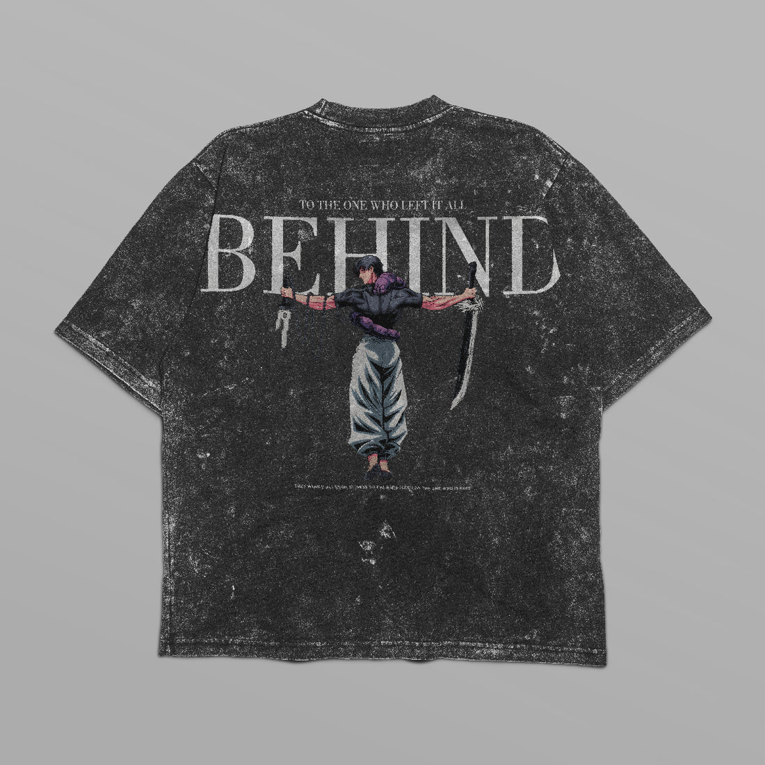 The Jujutsu Kaisen Toji Fushiguro "Behind" Vintage Oversized T-Shirt features a streetwear anime graphic with a sword-wielding figure, large "BEHIND" text, and small text surrounding it on distressed black, inspired by Jujutsu Kaisen&