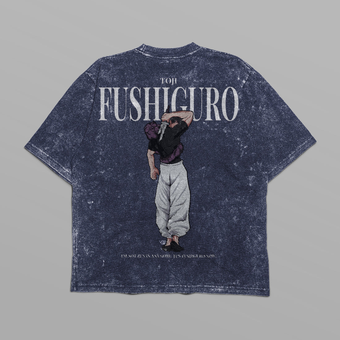 The distressed black Jujutsu Kaisen Toji Fushiguro vintage oversized T-shirt, from the Jujutsu Kaisen brand, features a graphic of a person in white pants and dark top lifting another on their shoulders, with &quot;FUSHIGURO&quot; printed boldly above the scene.