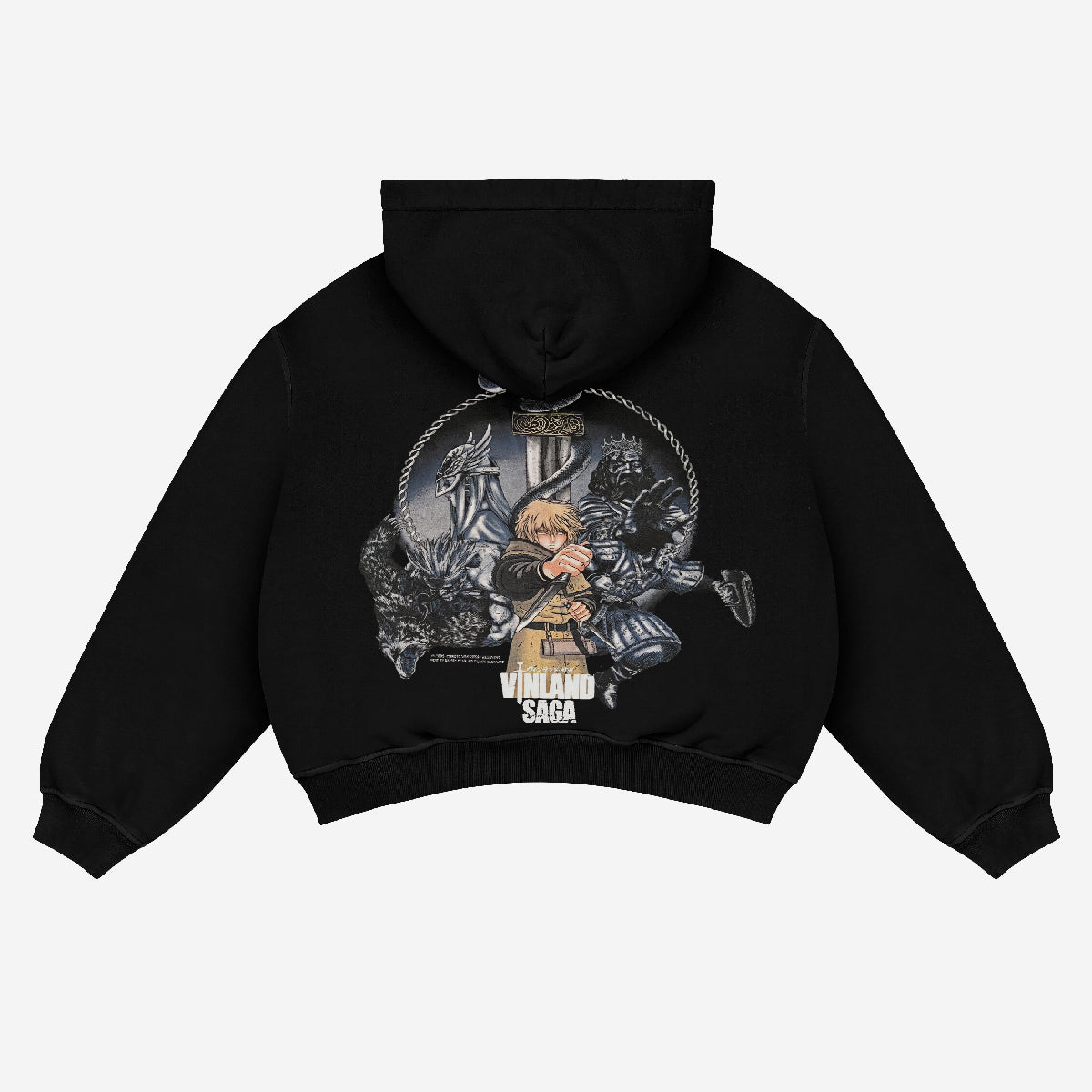 The Berserk Official Vinland Saga Hoodie features a dramatic Thorfinn epic print on the back, with him wielding a sword flanked by two wolves and an intricate circular design, embodying Viking spirit. Made from premium 360 GSM cotton, it's available in black.