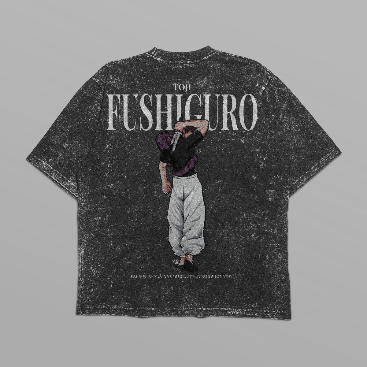 The Jujutsu Kaisen Toji Fushiguro Vintage Oversized T-Shirt features a distressed black design with a back graphic of a person in monochrome pants. &quot;TOJI FUSHIGURO&quot; is printed above, accompanied by smaller text, set elegantly on a light gray background.