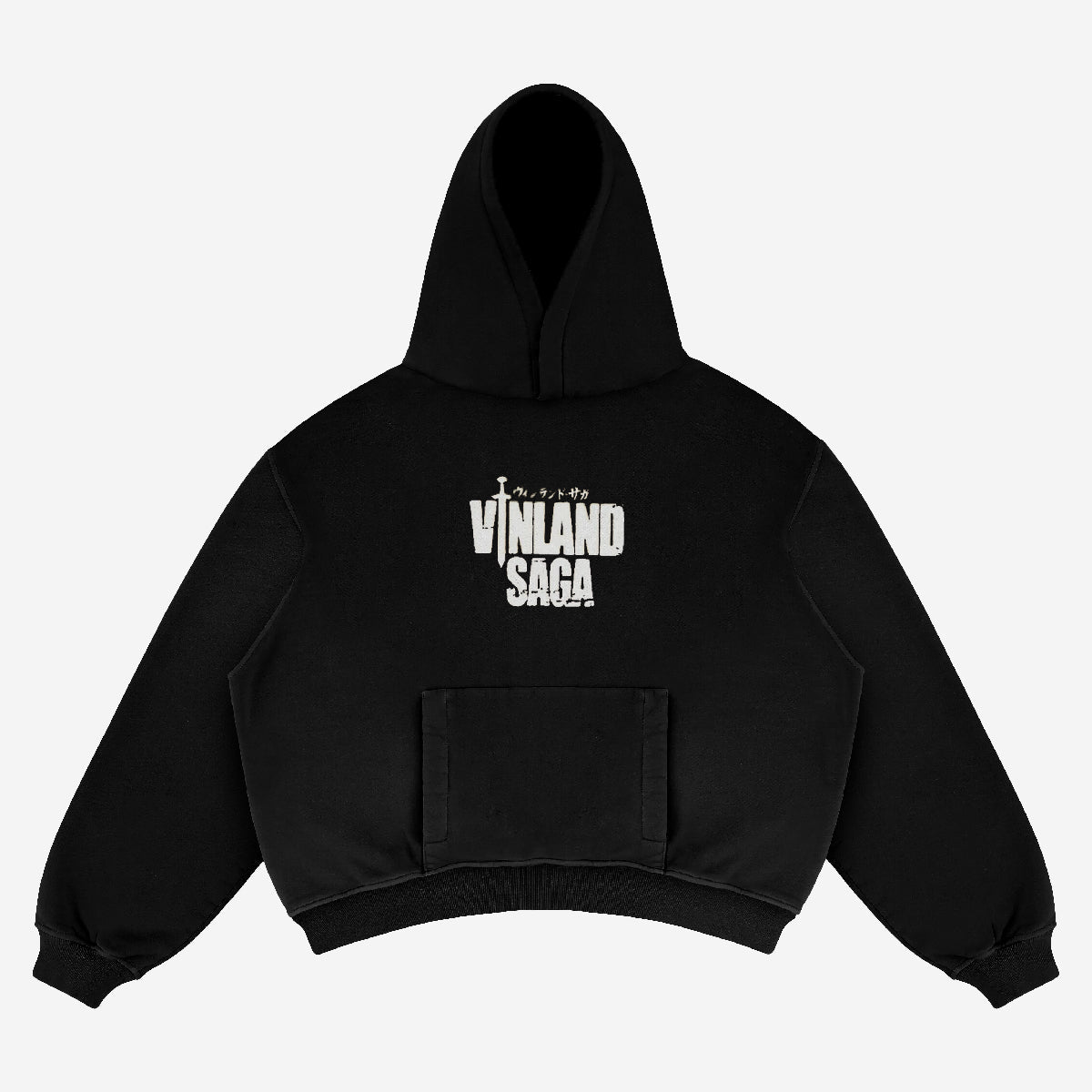 The Berserk Official Vinland Saga Hoodie in black, made from premium 360 GSM cotton, features a hood and front pocket and showcases "Vinland Saga" text in white on the back, embodying Thorfinn's Viking spirit.