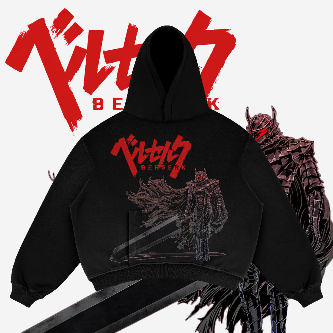 The Official Berserk Armor Hoodie in black and white, made from premium 360 GSM cotton, features stunning graphics of Guts in his berserker armor wielding a massive sword, with &quot;Berserk&quot; boldly displayed above in red. This hoodie is perfect for anime fans seeking iconic style.